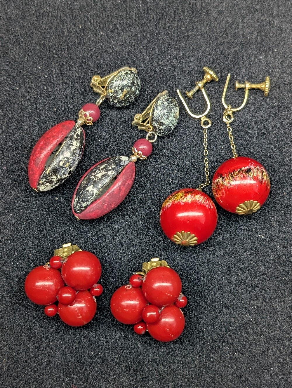 Vintage Earrings Lot Of 3 - Red